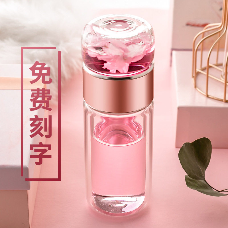 茶水分离泡茶杯双层玻璃杯女便携可爱花茶水杯简清新Y礼品定制刻