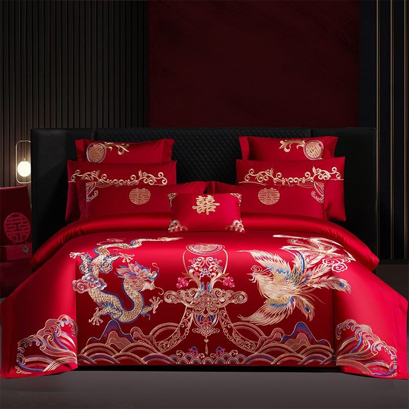 180支长绒棉婚l庆四件套大红龙凤刺绣全棉结婚床上用品新婚房喜被,床上用品,婚庆床品套件,淘宝优惠券,粉丝福利购,淘宝优惠卷