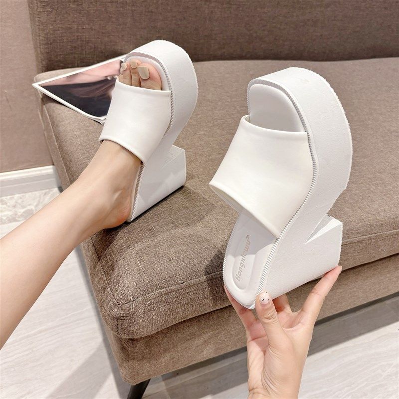 白色粗跟凉鞋12CM超高跟鞋防水台松G糕厚底简约时尚皮面鱼嘴拖鞋