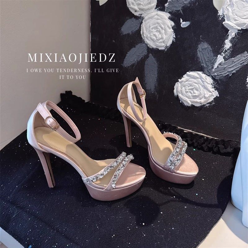 米小姐2025i新款超高跟凉鞋女细跟夏季气质水钻一字带防水台高跟,女鞋,一字带凉鞋,淘宝优惠券,粉丝福利购,淘宝优惠卷