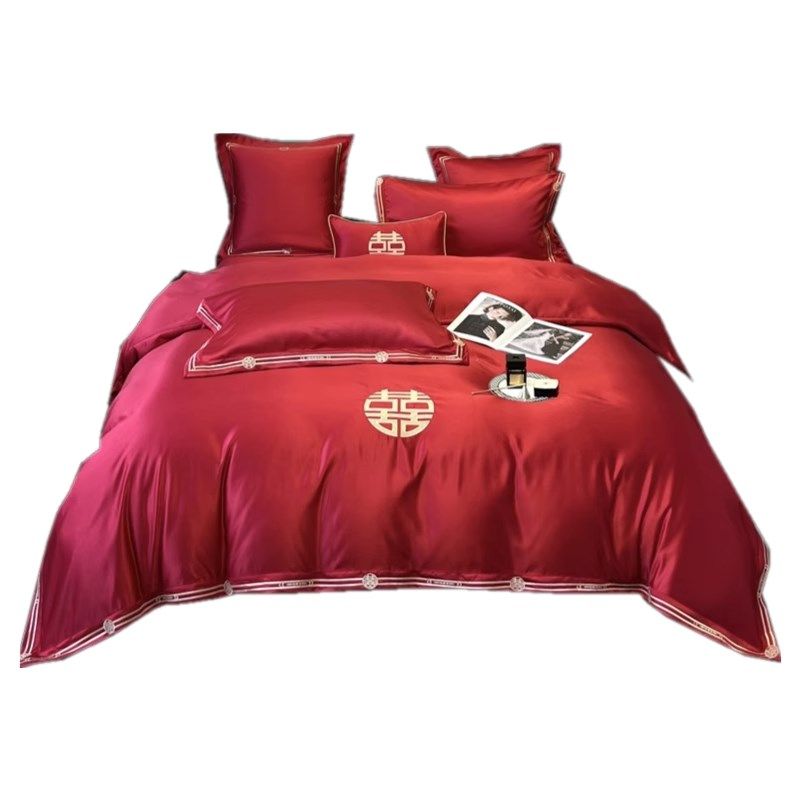 简约婚礼结婚四件套p大红色新婚陪嫁被套婚庆床上用品婚房喜被,床上用品,婚庆床品套件,淘宝优惠券,粉丝福利购,淘宝优惠卷