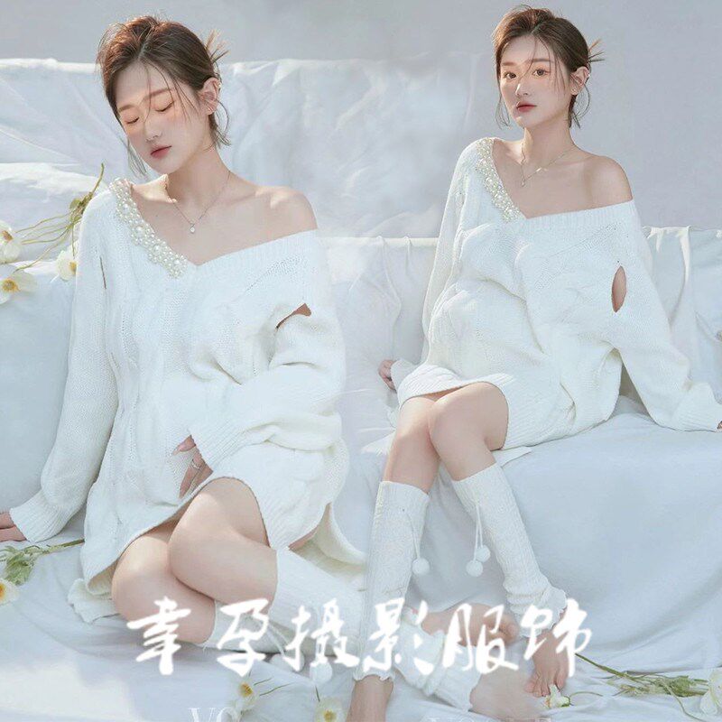 影楼孕妇拍照摄服装秋冬毛衣新款优雅室内K简约风孕妇照服装在家