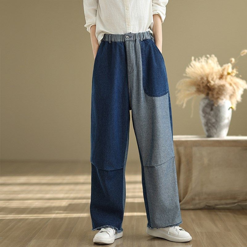 设计感撞色牛仔阔腿裤女宽松直筒2025新款春秋显S瘦百搭松紧腰长,女装/女士精品,大码裤装,淘宝优惠券,粉丝福利购,淘宝优惠卷
