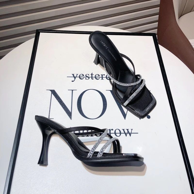 方头细跟露趾外穿凉拖鞋2025夏季新款气J质银色水钻交叉带高跟拖,女鞋,一字拖,淘宝优惠券,粉丝福利购,淘宝优惠卷