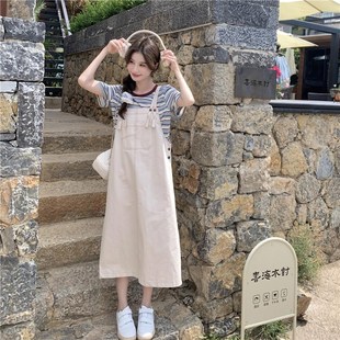 多巴胺学院风牛仔背带裤T恤套装女夏2025小个子工装X设计感两件套