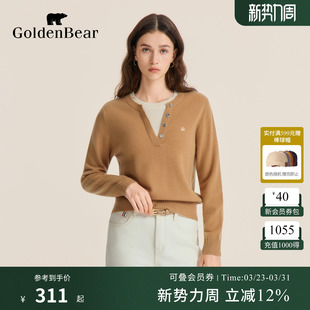 100%绵羊毛 春季 GOLDEN 金熊 女士假两件V领羊毛针织衫 BEAR