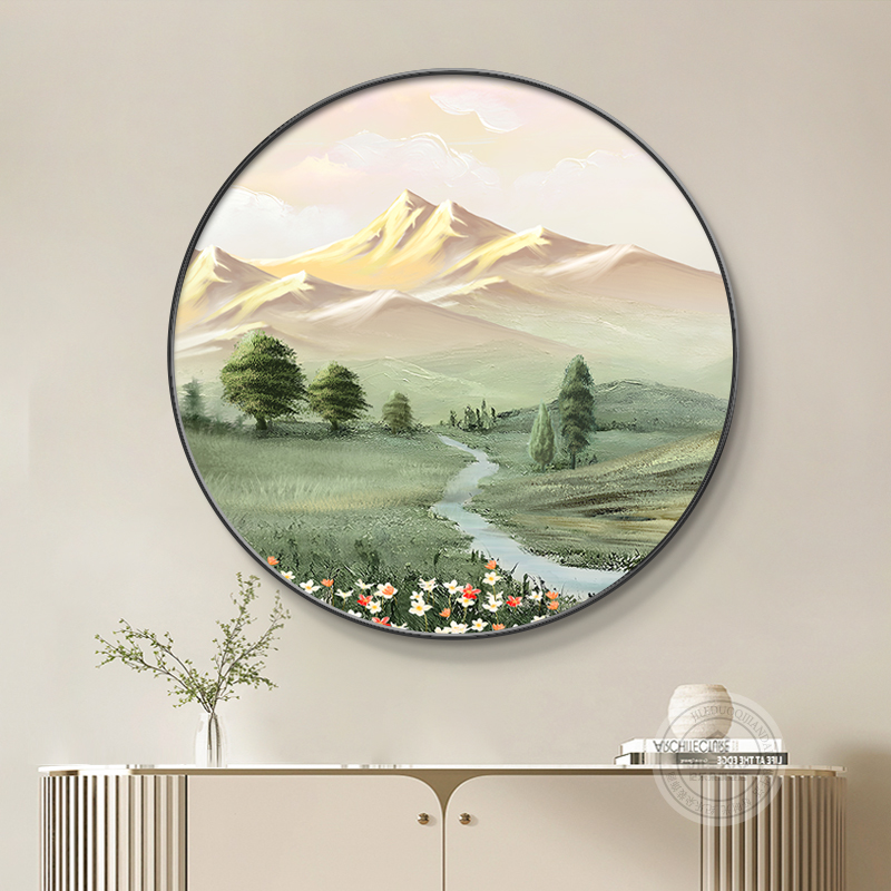 北欧玄关装饰画圆形餐厅山水风景日照金山走廊过道挂画正对门墙画图片
