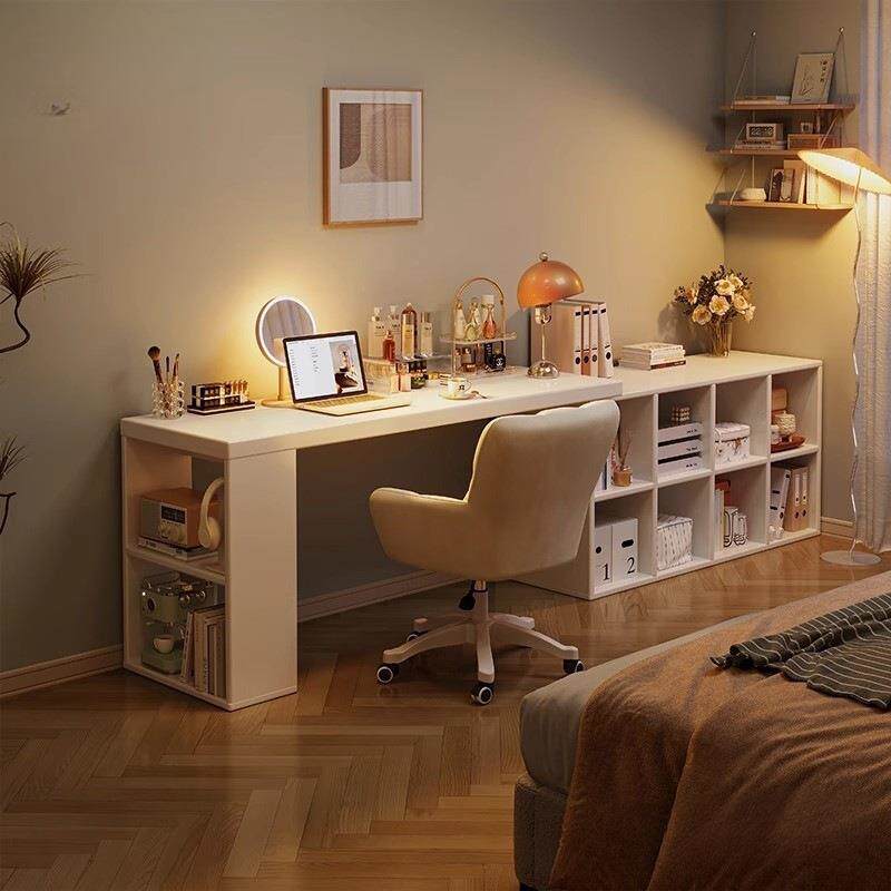 奶油风实木伸缩书桌小户型床尾电脑化妆桌卧室床边书柜窄缝长条桌