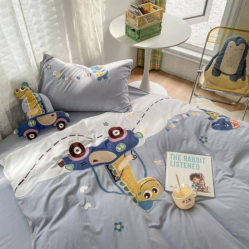 儿童卡通长绒棉四件套汽车小恐龙全棉纯棉男孩宝宝房间床上用品秋