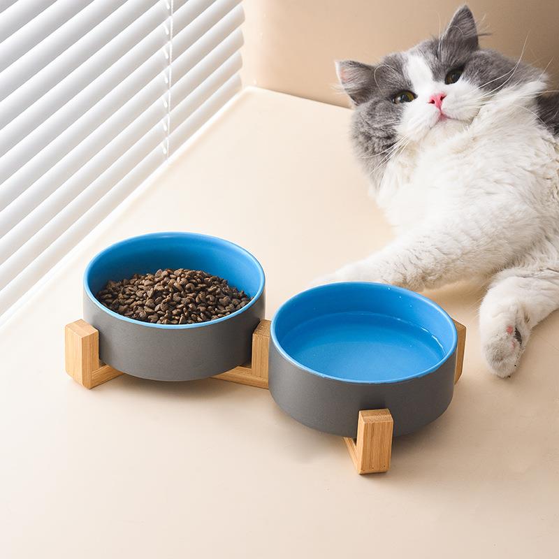 猫碗陶瓷水碗猫咪食盆斜口高脚狗狗碗内外色碗保护颈椎防打翻饭碗