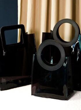 大手提袋子时尚外出透明黑色上班族果冻包饭盒礼品袋高档pvc1购物