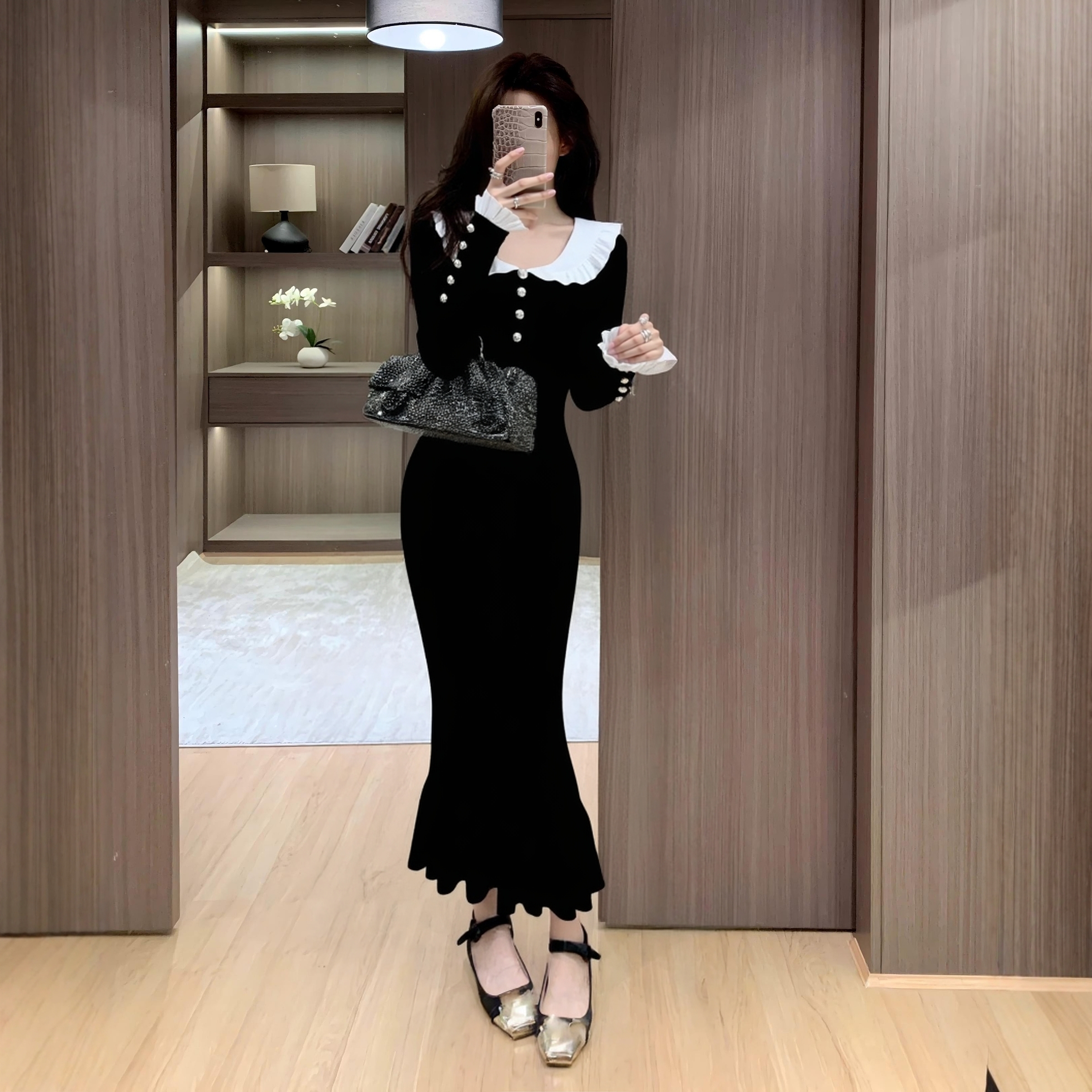 配大衣毛衣针织连衣裙女秋冬法式OL高级感气质鱼尾裙内搭打底长裙