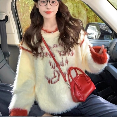 撞色马海毛毛衣女秋冬2025新款加厚美式字母慵懒风软糯复古针织衫