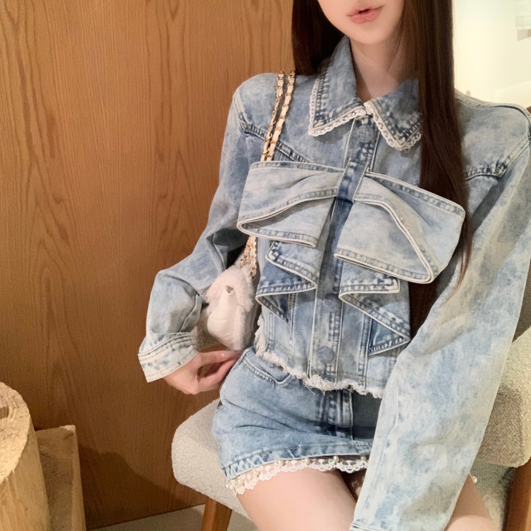 超火穿搭一整套秋装新款蝴蝶结牛仔包臀裙两件套女