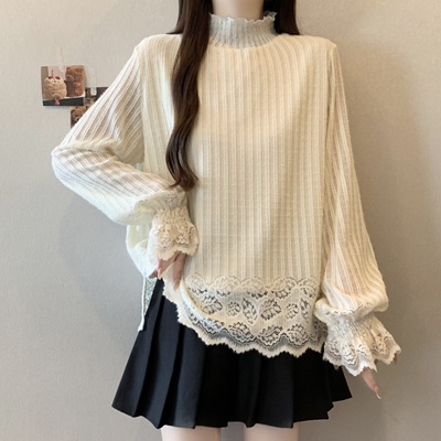 实拍~大码气质磨毛蕾丝衫女加绒半高领打底衫女秋冬内搭上衣