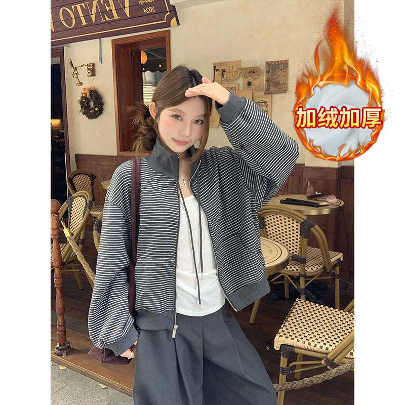 加绒卫衣秋冬新款美式条纹拉链开衫外套立领保暖上衣女装