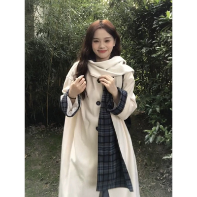 韩系高级感拼接格子围巾呢子大衣女小个子冬季慵懒中长款毛呢外套