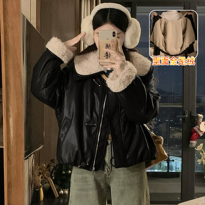 小香风羊羔毛娃娃大翻领皮衣外套女加绒加厚2025冬新款夹克