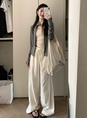 软糯奶皮阔腿裤女20n24春夏打工裤白色慵懒松紧腰宽松薄款拖地长