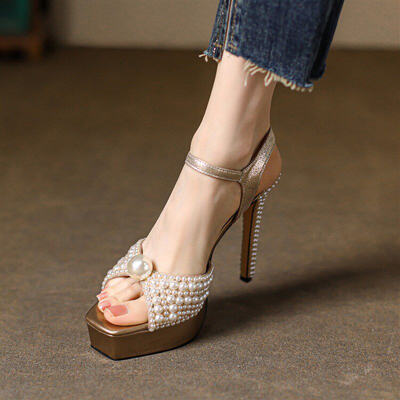 仙女风气质珍珠细跟防水台露趾女夏季新款一字扣R带高跟凉鞋13CM