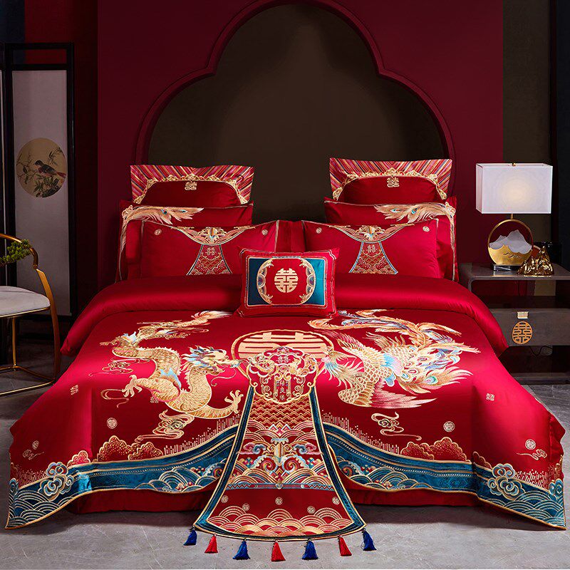 120支b全棉婚庆四件套大红色长绒棉龙凤刺绣结婚喜被床上用品4,床上用品,婚庆床品套件,淘宝优惠券,粉丝福利购,淘宝优惠卷
