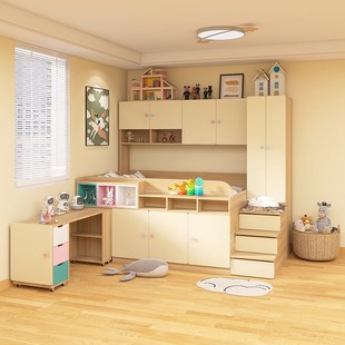 儿童半高床小户j型全实木男孩女孩卧室奶油风多功能带书桌衣柜一