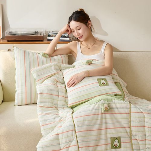 新款全棉水洗条纹抱枕被子两用办公室午睡毯车载学生午休纯棉被夏