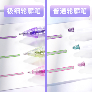 荧光笔多色银底彩笔中性笔1.0mm学生 极细双线轮廓笔金属色按动式