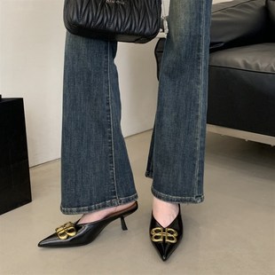 2025夏季新g款金属扣尖头细跟高跟半拖单鞋女百搭时尚中跟包头拖