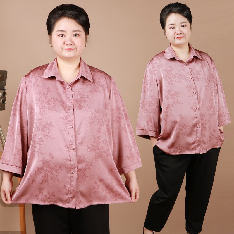 2025新款春装女胖妈妈七分袖衬A衣中老年加大码奶奶宽松洋气开衫