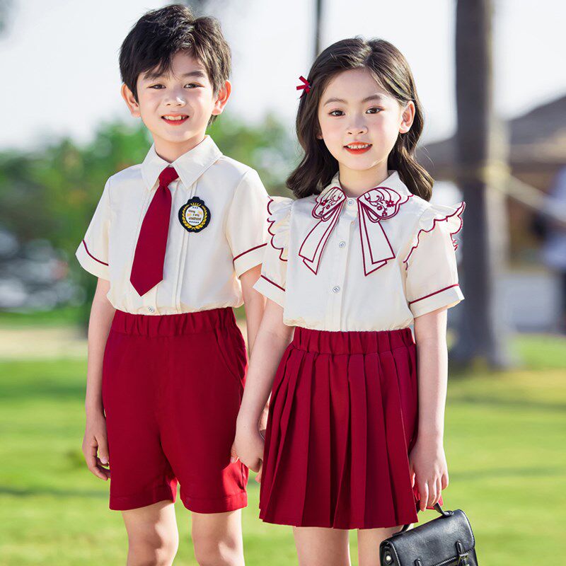 幼儿园园服夏季h款儿 童英伦风班服小学生红色校服套装毕业照服装
