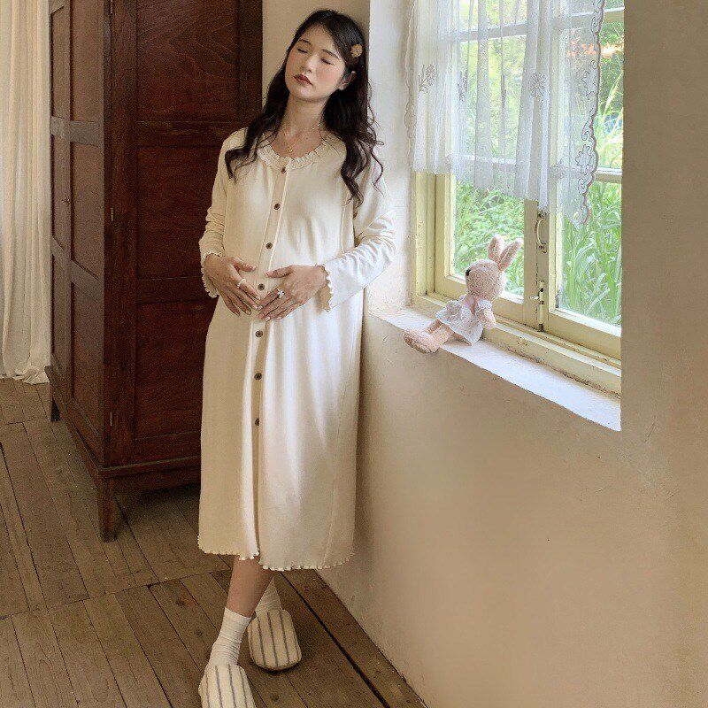 春夏款孕b妇睡裙家居裙月子服带胸垫长袖宽松中长款待产服入院服