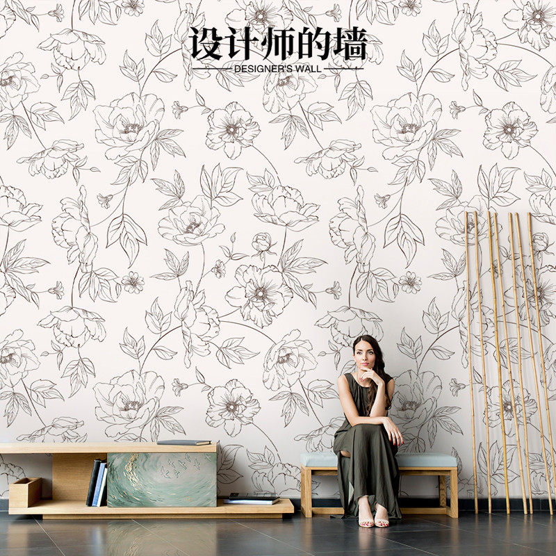 法式手绘牡丹花卉小清新r墙布高级感背景布床头壁布电视背景墙壁