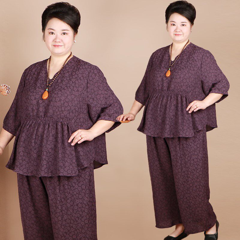 胖妈妈特大码弹力套装女230斤中老年宽松二件Q套奶奶遮肚显瘦夏装