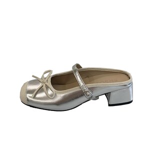 时尚半拖女e2025新款包头小个锻面一字带单鞋方头粗跟外穿配裙拖