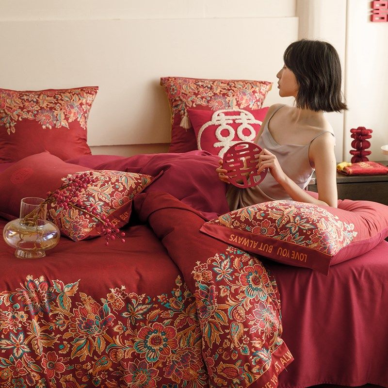 新中式印花结婚h四件套2025新款红色床单被套婚庆床上用品婚嫁,床上用品,婚庆床品套件,淘宝优惠券,粉丝福利购,淘宝优惠卷