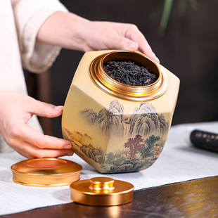 t普洱醒茶罐锡盖密封罐陶瓷小号存储罐 宜兴紫砂茶叶罐大号一斤装