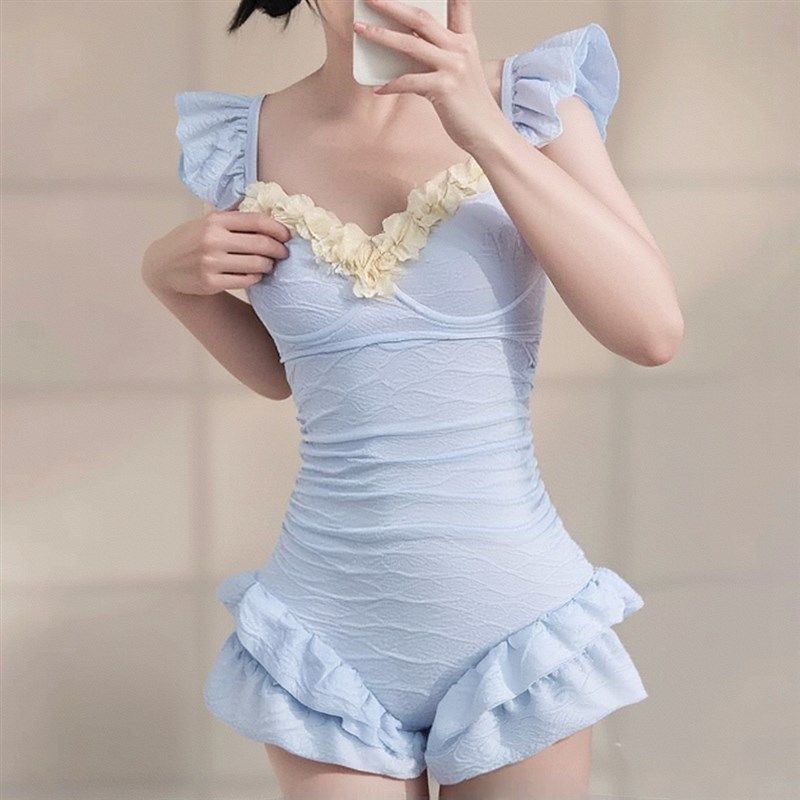 2025新款蓝色连体游泳衣女保守纯欲风遮肉显瘦聚S拢泡温泉游泳衣,运动/瑜伽/健身/球迷用品,连体泳衣,淘宝优惠券,粉丝福利购,淘宝优惠卷