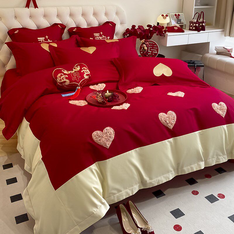 100支长绒棉婚庆四件套全棉大红色刺绣K结新婚房喜庆床上用品4,床上用品,婚庆床品套件,淘宝优惠券,粉丝福利购,淘宝优惠卷