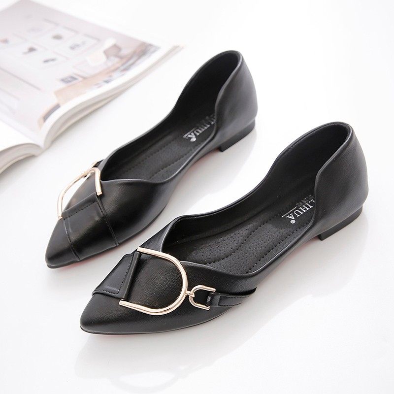 单鞋女春秋2021新款r韩版浅口尖头金属扣豆豆鞋女软底平底鞋百搭,女鞋,浅口单鞋,淘宝优惠券,粉丝福利购,淘宝优惠卷