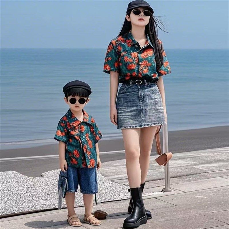 夏装亲子装2025新款海边 度假高端衬衣夏季洋气母U子港风碎花衬衫