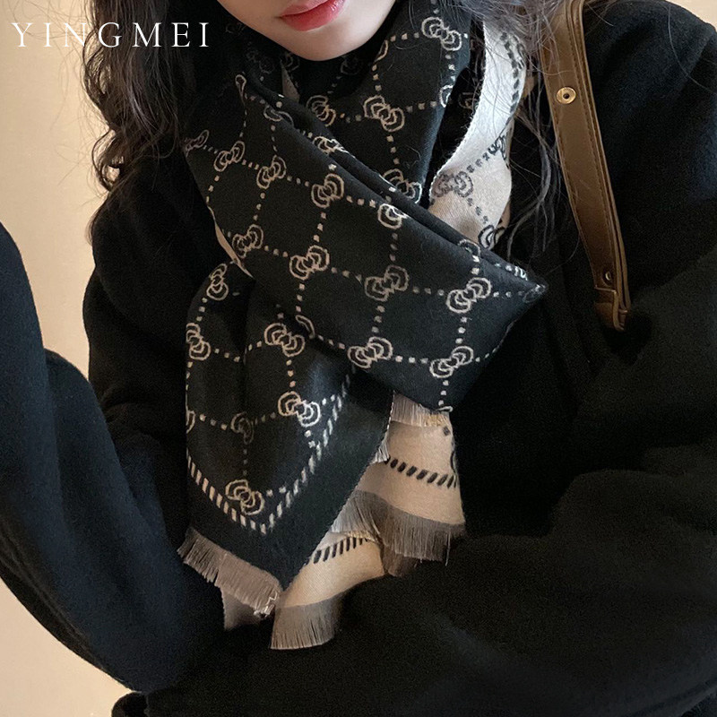 盈妹浪漫法式高贵显气质黑色提花围巾女冬季N高级感大披肩围脖两