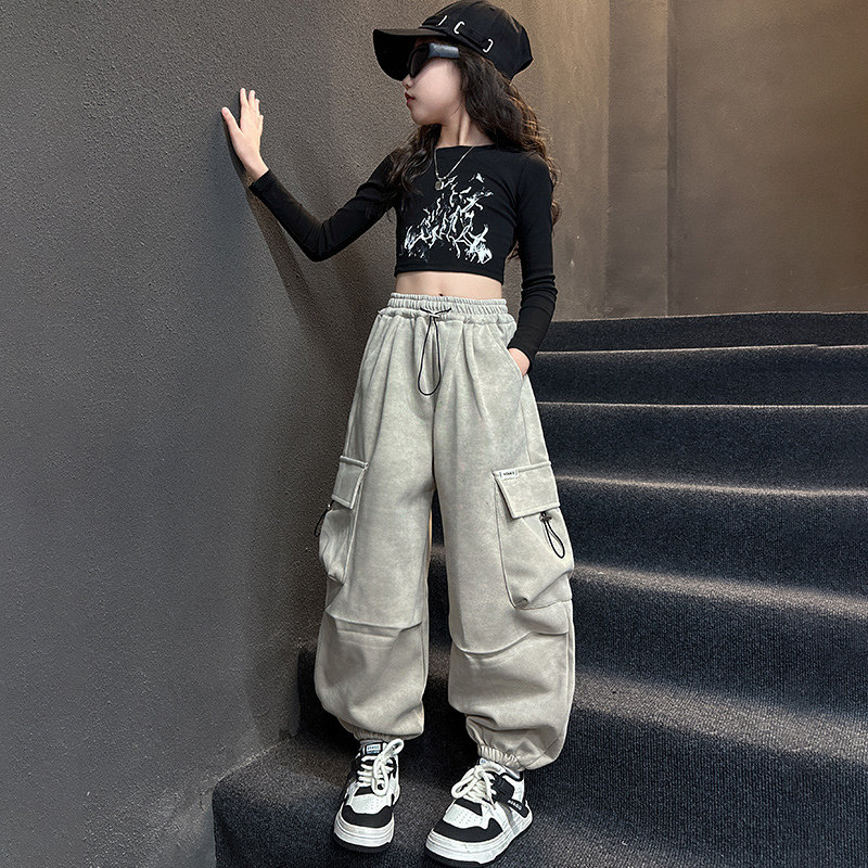女孩工装b裤春季和秋季2025新款儿童秋季宽松打底裤时尚大儿童秋