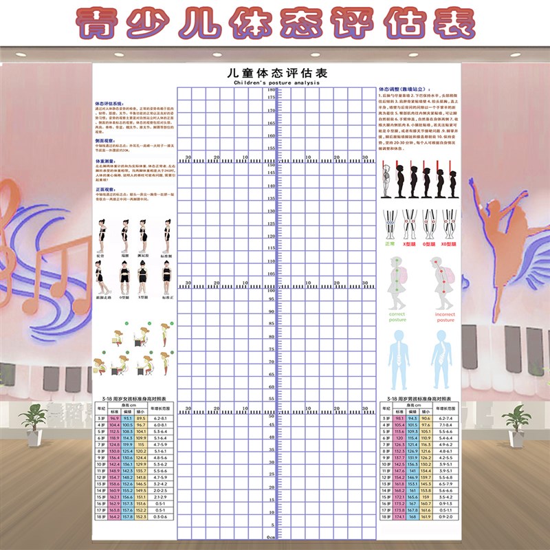 可定制青少年体态评估表站姿身高体态图少儿形体S评估图儿童体态