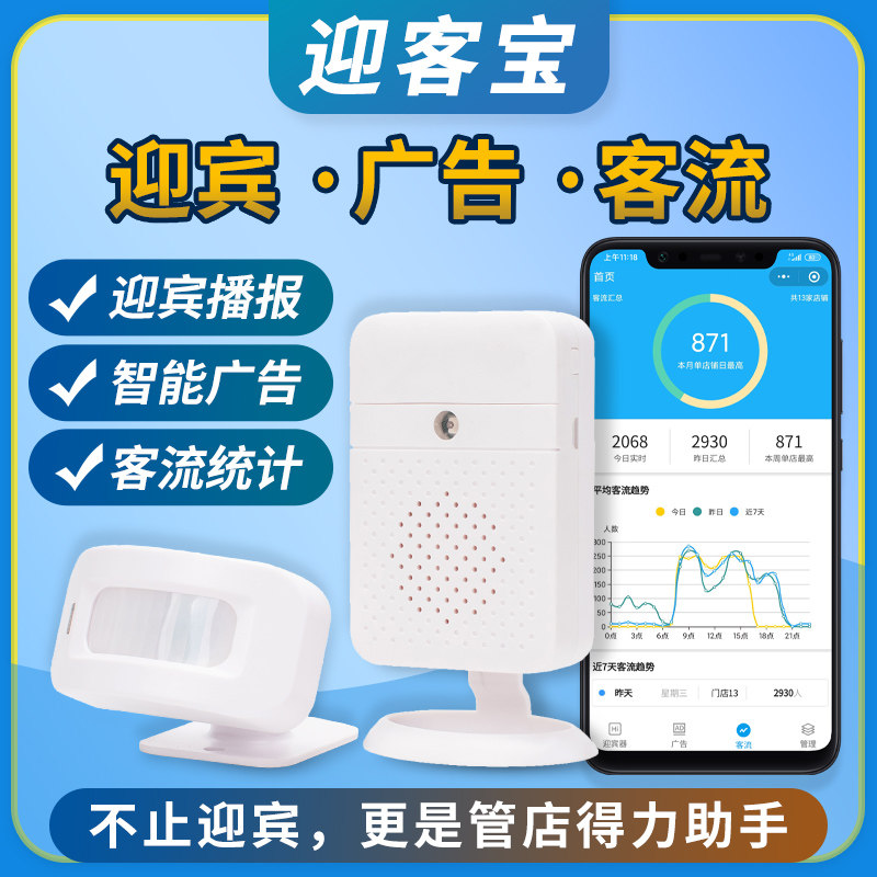 迎客宝门铃感应器迎宾进门报音器欢E迎光临感应门铃两件式定制语