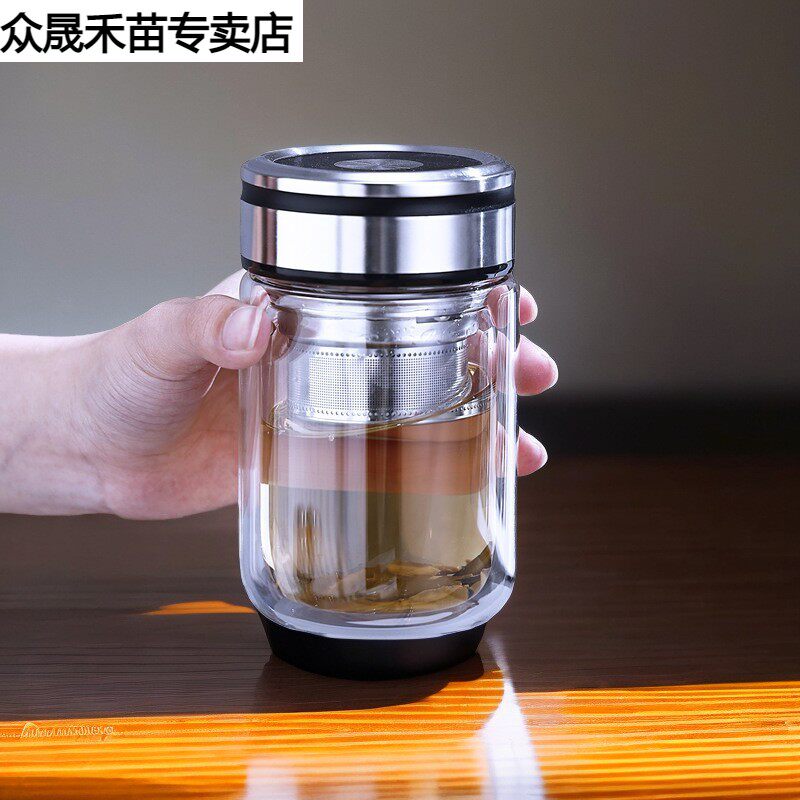 玻璃杯双层带盖矮胖商务便携水杯高颜值隔热S透明玻璃茶杯印字