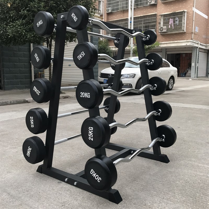 商用固定杠铃套装杠铃架圆头不松动曲杆杠铃健身房一W体式包胶杠