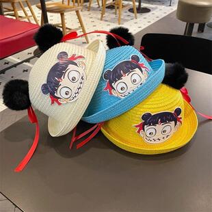 哪吒2儿童渔夫帽男童草帽子夏薄款透气遮阳凉帽女宝宝出游防晒帽
