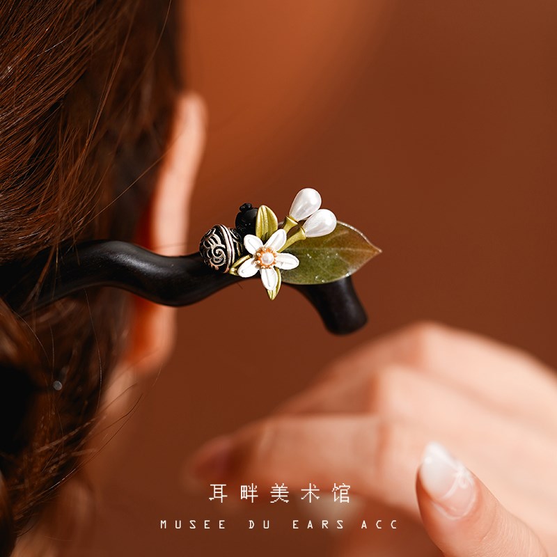 A铃铛橙花黑檀木发簪子女高级感国风新中式古风汉服配饰闺蜜礼物