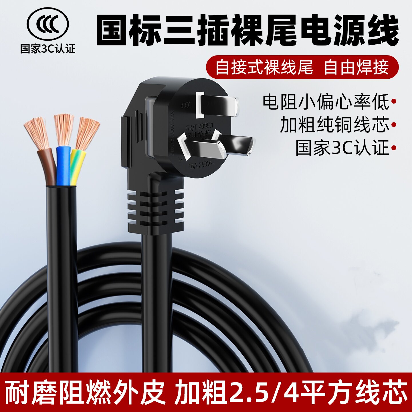 国标电源线带插头三脚三孔电线三插头带线三芯延长线10A16A插排图片